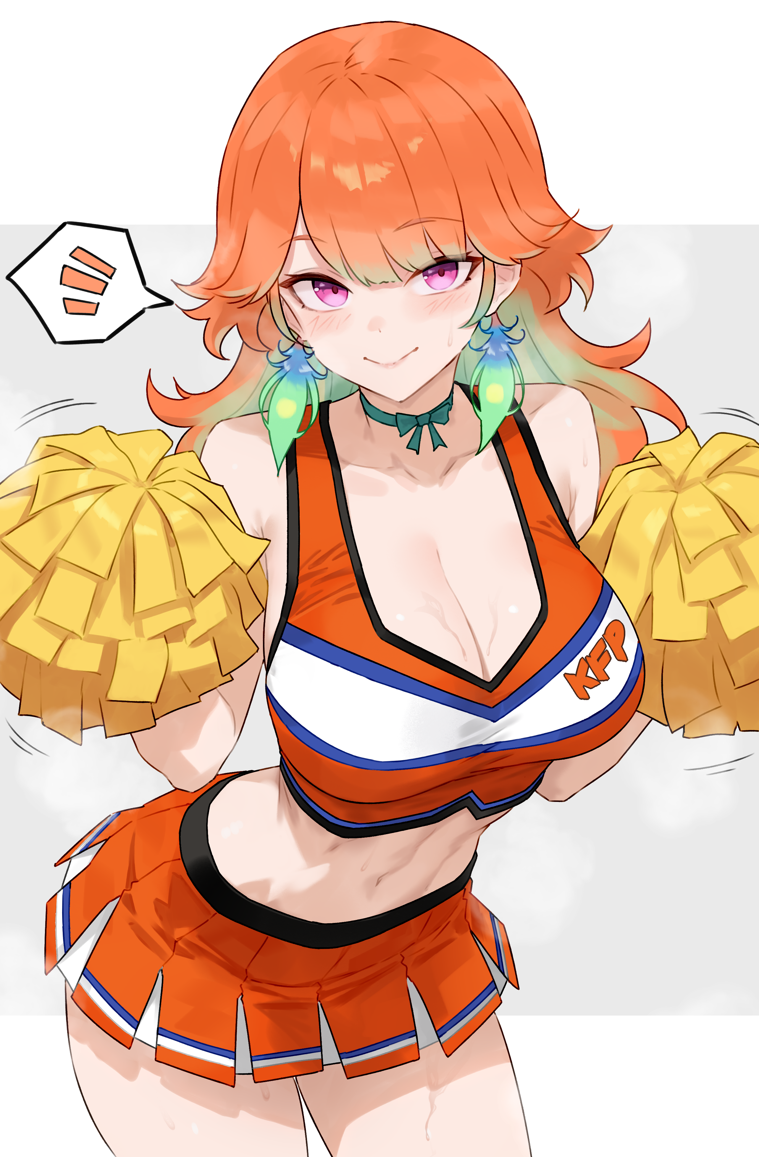bluefield, takanashi kiara, hololive, hololive english, absurdres, commentary, highres, 1girl, alternate costume, breasts, cheerleader, cleavage, closed mouth, earrings, feather earrings, feathers, gradient hair, holding, holding pom poms, jewelry, large breasts, looking at viewer, miniskirt, multicolored hair, navel, orange hair, pleated skirt, pom pom (cheerleading), pom poms, purple eyes, skirt, smile, solo, virtual youtuber