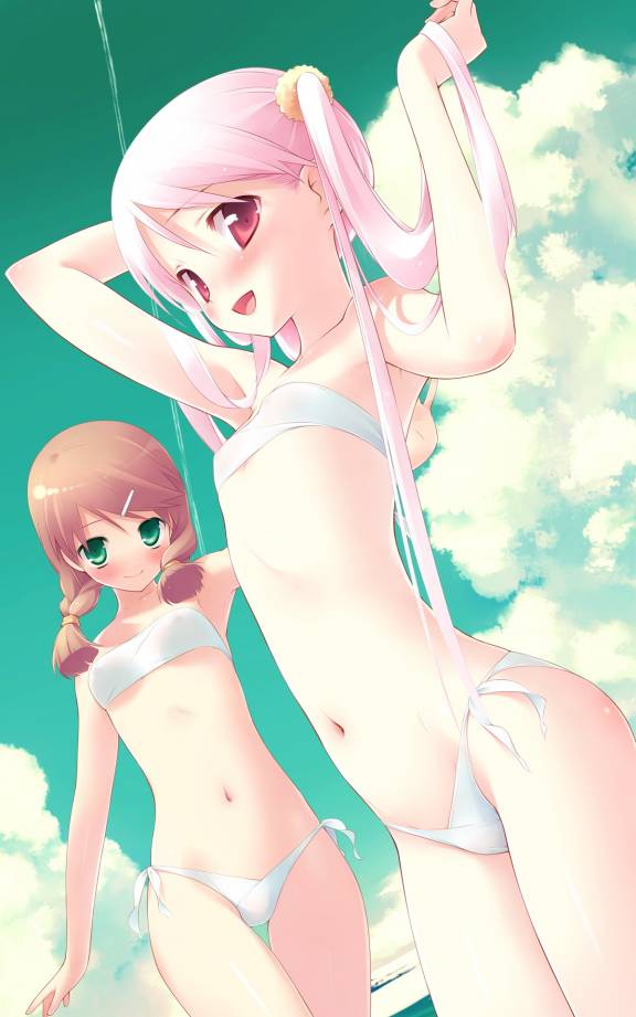 gayarou, himemiya ruri, hoshino erika, garden (game), jpeg artifacts, non-web source, 2girls, arms up, bikini, braid, brown hair, day, dutch angle, flat chest, green eyes, multiple girls, pink hair, red eyes, swimsuit, twin braids, twintails