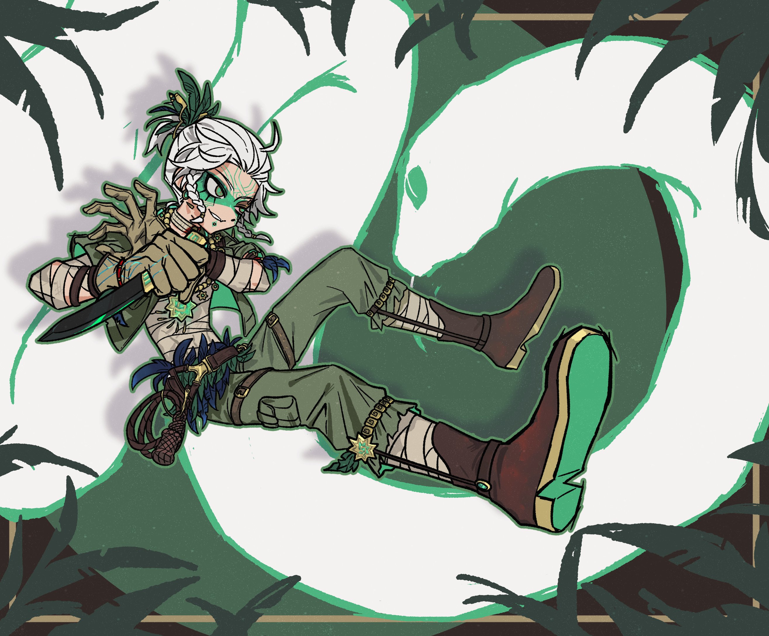 luca balsa, luca balsa (viper), identity v, highres, 1boy, bandaged arm, bandaged leg, bandaged torso, bandages, belt, boots, braid, brown belt, brown boots, brown gloves, brown pants, colored sclera, dagger, earrings, face piercing, facial mark, fang, floating hair, gloves, green eyes, hank5u, holding, holding dagger, holding knife, holding weapon, jewelry, knife, lasso, leg brace, lip piercing, lower eyelashes only, male focus, midair, pants, piercing, pink sclera, ponytail, short ponytail, skin fang, thigh strap, twin braids, weapon, white hair