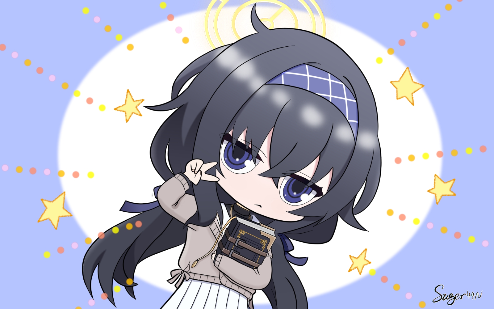 ui (blue archive), blue archive, yuzusoft, commentary, highres, 1girl, black hair, blue background, blue eyes, book, brown cardigan, cardigan, charo (meme), chibi, chibi only, closed mouth, cowboy shot, crossed bangs, eyes visible through hair, frown, hair between eyes, halo, hand up, holding, holding book, jitome, long hair, long sleeves, looking at viewer, low twintails, meme, messy hair, pleated skirt, school uniform, signature, simple background, skirt, solo, star (symbol), suger44n, twintails, two-tone background, v, very long hair, white background, white skirt, yellow halo
