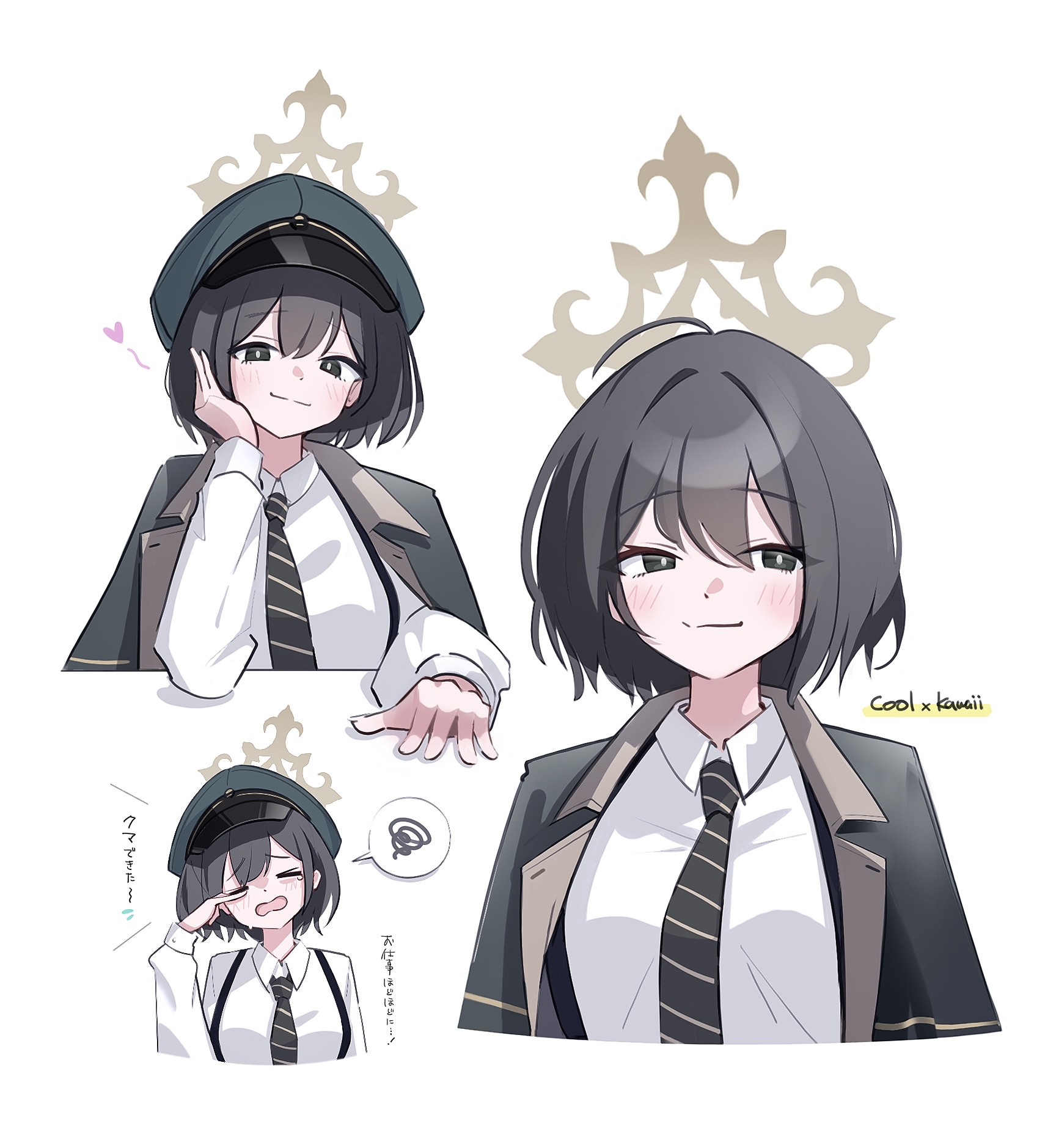 racoon5, hiromi (blue archive), blue archive, commentary, highres, translation request, 1girl, ahoge, black eyes, black necktie, blush, closed mouth, coat, coat on shoulders, collared shirt, crying, diagonal-striped clothes, diagonal-striped necktie, furrowed brow, green coat, green hat, halo, hat, head rest, heart, long sleeves, looking at viewer, multiple views, necktie, open mouth, rubbing eyes, shirt, short hair, simple background, smug, spoken squiggle, squiggle, striped clothes, suspenders, wavy mouth, white background, white shirt