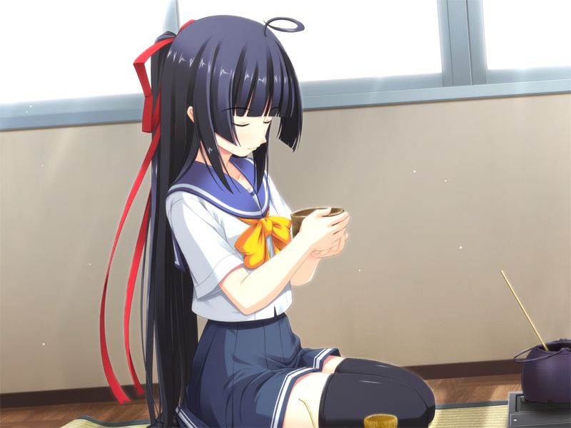 ooba kagerou, suzushiro akari, sora wo tobu mittsu no houhou, game cg, non-web source, 1girl, ahoge, black hair, blunt bangs, bowl, chasen, closed eyes, female focus, flat chest, hair ribbon, hime cut, kneeling, long hair, ponytail, ribbon, school uniform, serafuku, sitting, skirt, solo, tea ceremony, thighhighs, very long hair, zettai ryouiki