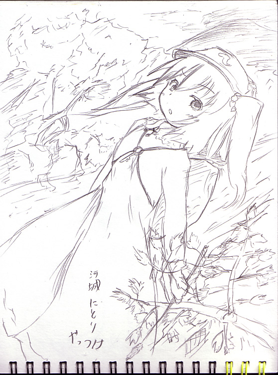 tetsuji, kawashiro nitori, touhou, traditional media, 1girl, dress, female focus, greyscale, hat, monochrome, nature, outdoors, plant, sketch, solo, spot color, twintails, two side up