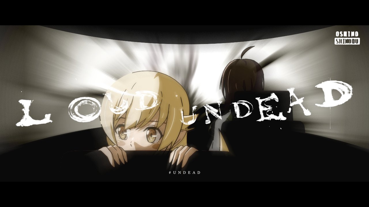 sonikkusupin, araragi koyomi, oshino shinobu, monogatari (series), 1boy, 1girl, ahoge, black border, black hair, blonde hair, blush stickers, border, car interior, car seat, character name, covered mouth, english text, foreground text, grey shirt, hair between eyes, hair flaps, hands up, hashtag, letterboxed, long hair, looking afar, looking to the side, medium hair, motion blur, pointy ears, ringed eyes, shadow, shirt, sidelighting, sidelocks, steering wheel, upper body, yellow eyes, yoasobi