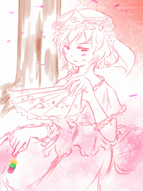 tetsuji, saigyouji yuyuko, touhou, 1girl, cherry blossoms, dango, dumpling, female focus, folding fan, food, hand fan, hat, japanese clothes, kimono, monochrome, multiple monochrome, pink theme, solo, wagashi