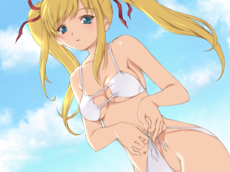 mutsumi masato, natsume akina, yokubari saboten, game cg, non-web source, 1girl, :o, bikini, blonde hair, breasts, cloud, day, dutch angle, female focus, green eyes, long hair, looking at viewer, medium breasts, navel, outdoors, side-tie bikini bottom, sky, solo, swimsuit, twintails, tying, underboob, white bikini