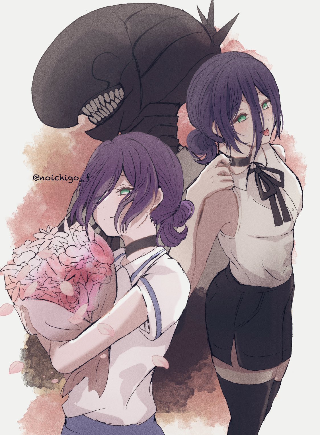 noichigo f, bomb devil (chainsaw man), reze (chainsaw man), chainsaw man, highres, 1girl, black choker, black ribbon, black shorts, black thighhighs, blue shorts, bouquet, breasts, choker, collared shirt, cowboy shot, dual persona, feet out of frame, flower, green eyes, grenade pin, hair between eyes, hair bun, hair over one eye, holding, holding bouquet, medium breasts, medium hair, multiple views, neck ribbon, pink flower, purple hair, ribbon, shirt, short sleeves, shorts, sleeveless, sleeveless shirt, smile, teeth, thighhighs, tongue, tongue out, twitter username, updo, white shirt