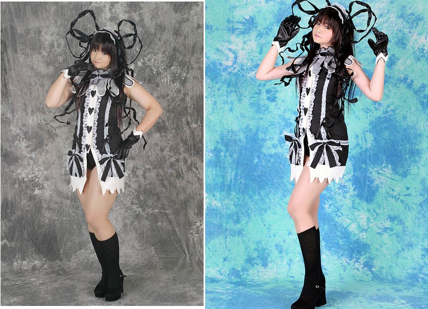 mizuhara arisa, etheldreda, demonbane, cosplay photo, photo (medium), third-party edit, 1girl, comparison, cosplay, multiple views, pantyhose