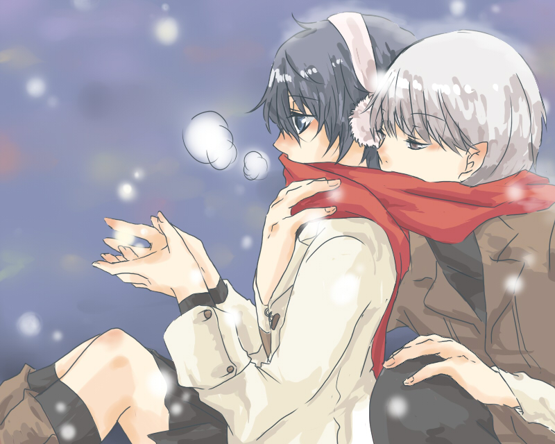 narukami yu, shirogane naoto, atlus, persona, persona 4, 1boy, 1girl, androgynous, black hair, blue eyes, breath, cold, couple, earmuffs, hetero, scarf, shared clothes, shared scarf, snow, winter