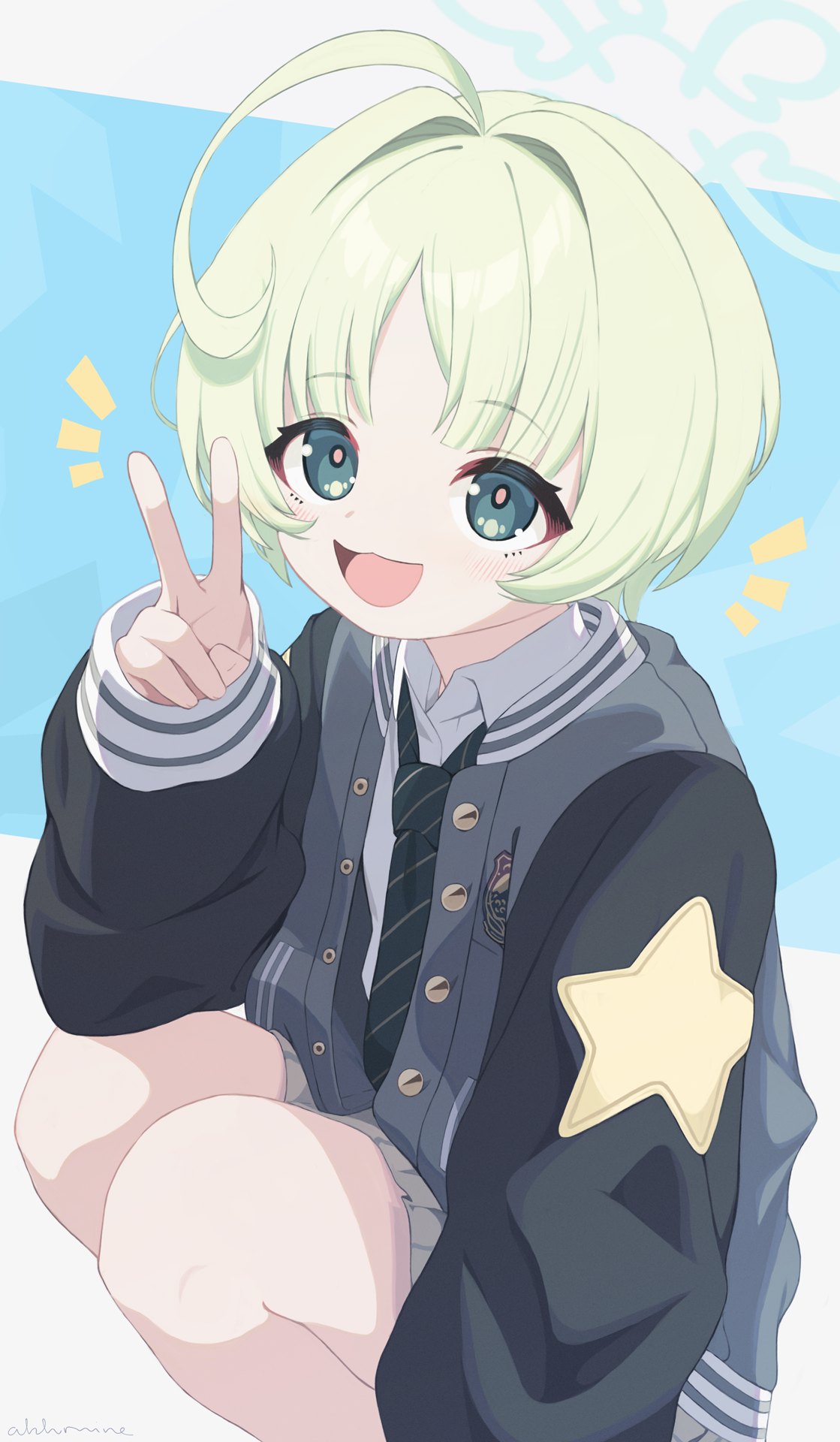 anocco, ritsu (blue archive), blue archive, 1girl, antenna hair, bare legs, green eyes, green hair, halo, necktie, shirt, solo, squatting, v, white shirt