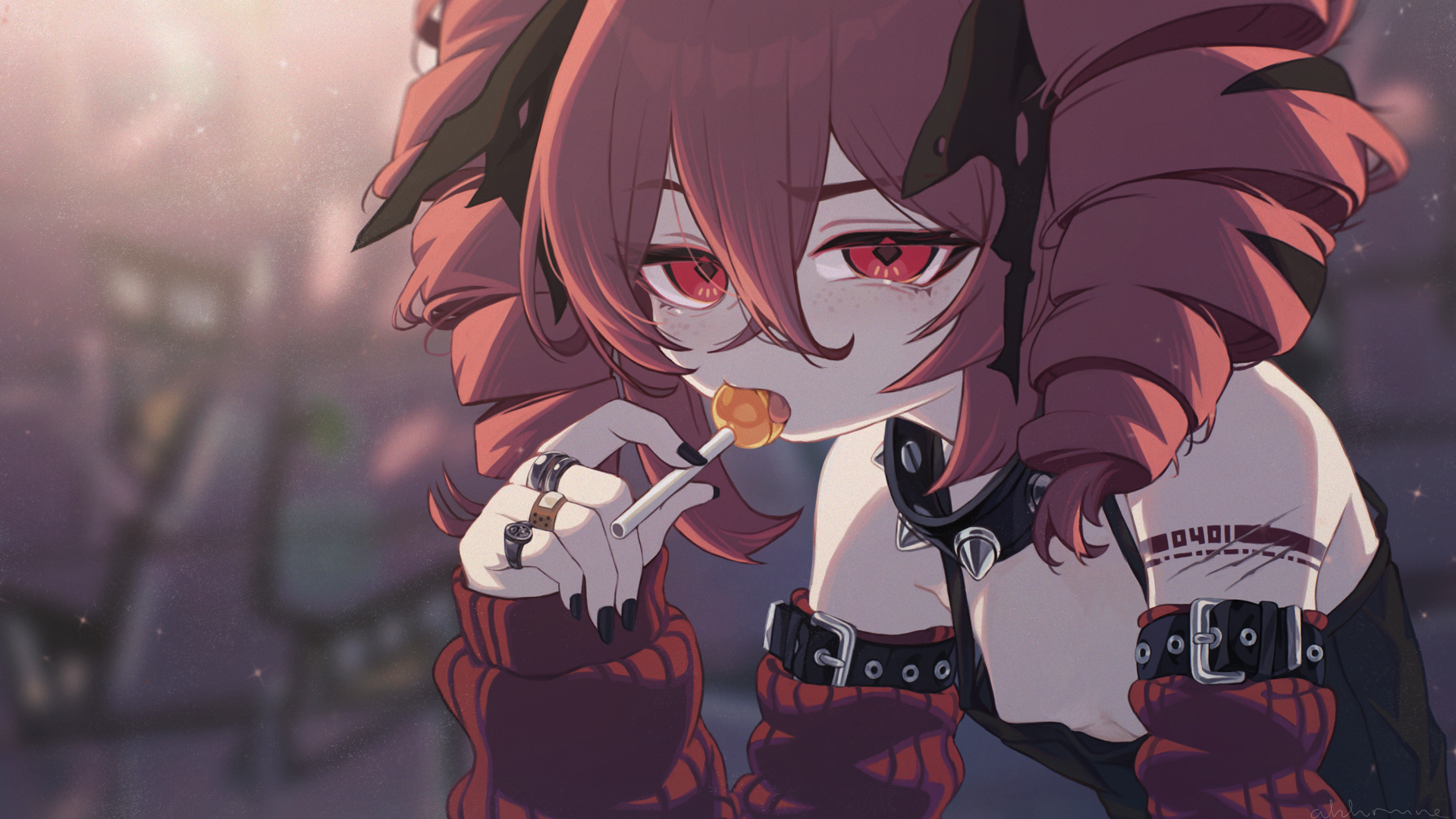 anocco, kasane teto, vocaloid, 1girl, breasts, candy, choker, food, jewelry, lollipop, looking at viewer, red eyes, red hair, ring, small breasts, solo, twintails, upper body
