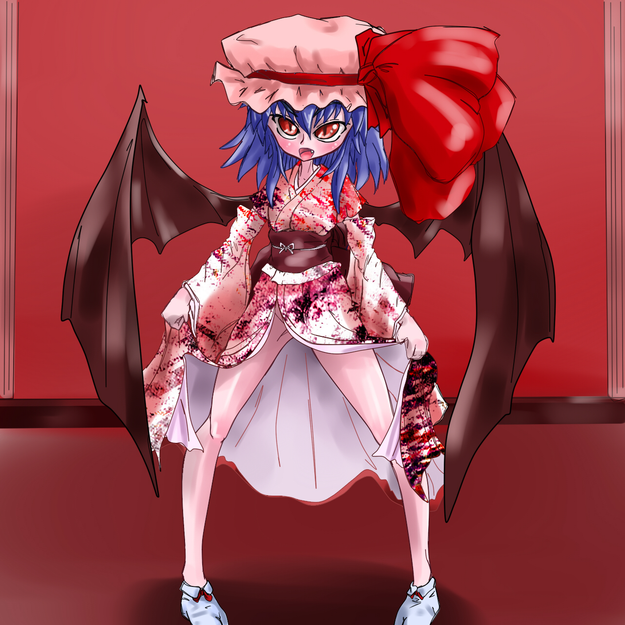 y.o, remilia scarlet, touhou, highres, 1girl, bat wings, blue hair, female focus, hat, hat ribbon, japanese clothes, legs, red eyes, ribbon, short hair, solo, standing, tabi, wings
