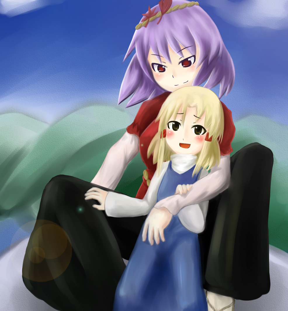 tetsuji, moriya suwako, yasaka kanako, touhou, 2girls, blonde hair, blush, female focus, multiple girls, outdoors, purple hair, red eyes, short hair, skirt, sky