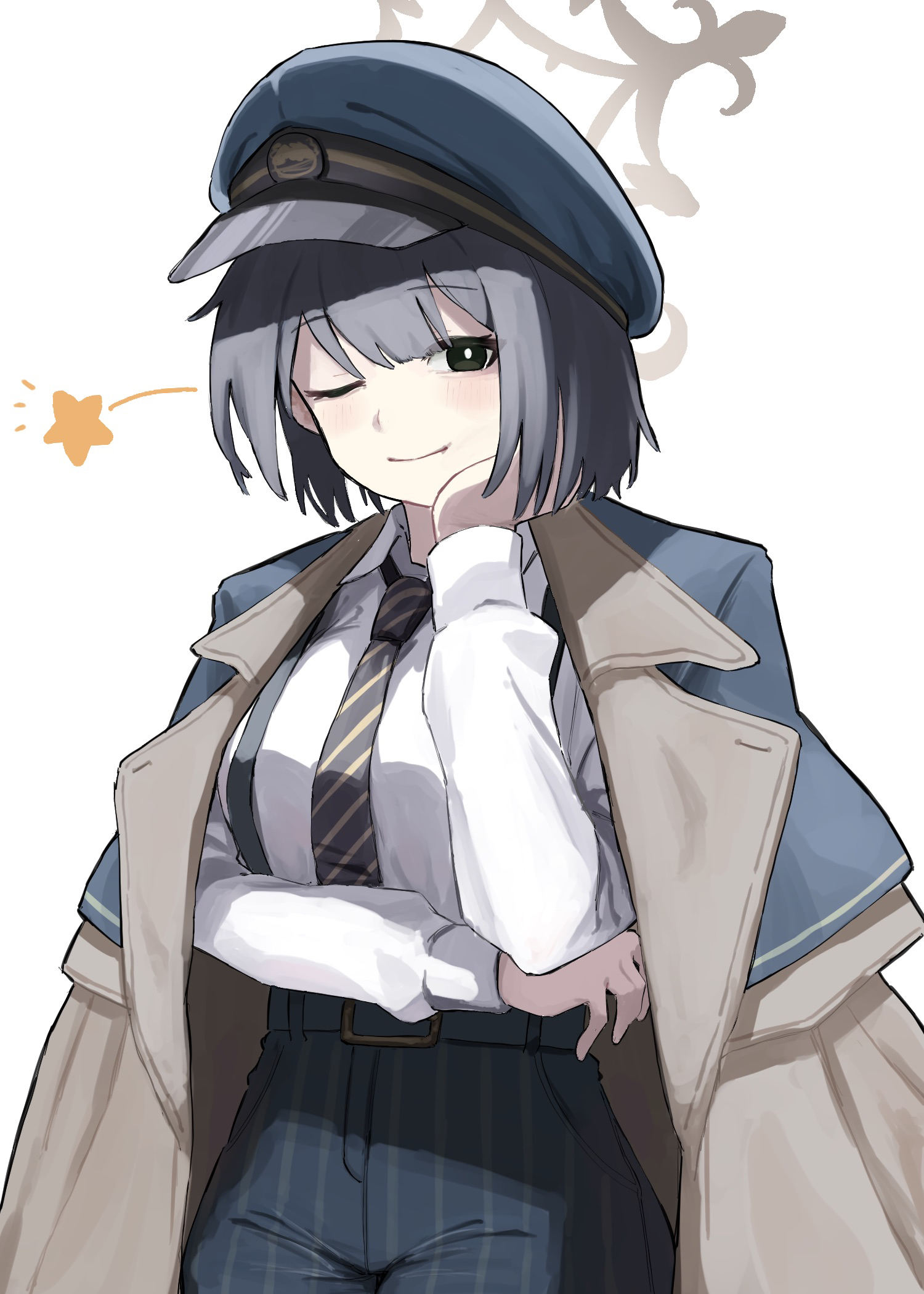 hiromi (blue archive), blue archive, commentary request, highres, 1girl, arm under breasts, belt, black hair, black necktie, brown coat, closed mouth, coat, coat on shoulders, collared shirt, diagonal-striped clothes, diagonal-striped necktie, green hat, green pants, halo, hat, head rest, long sleeves, looking at viewer, necktie, one eye closed, pants, peaked cap, shirt, short hair, smile, solo, standing, star (symbol), striped clothes, suspenders, tap (vjnm2724), white background, white shirt