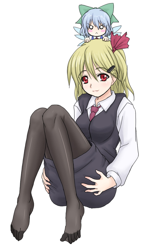 kuro suto sukii, cirno, rumia, embodiment of scarlet devil, touhou, 2girls, :<, aged up, blonde hair, chibi, ears visible through hair, feet, female focus, multiple girls, necktie, o o, pantyhose, pencil skirt, red eyes, ribbon, simple background, skirt, white background