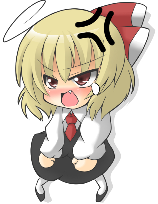 mori 181, rumia, embodiment of scarlet devil, touhou, 1girl, angry, blonde hair, chibi, female focus, full body, red eyes, ribbon, simple background, skirt, solo, tears, white background