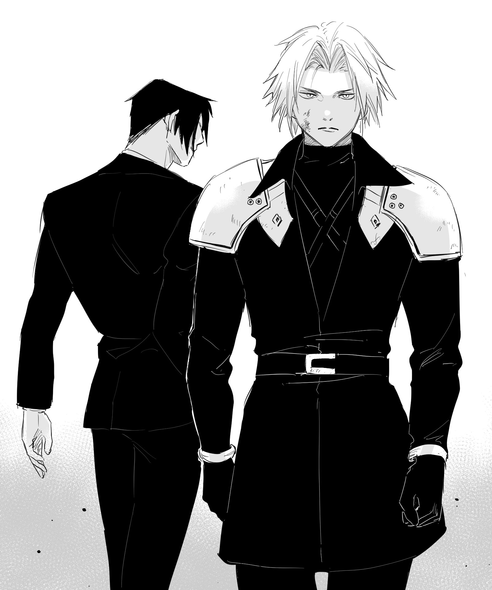 sephiroth, sephiroth (ever crisis), vincent valentine, final fantasy, final fantasy vii, final fantasy vii ever crisis, highres, 2boys, armor, belt, black belt, black gloves, black hair, black jacket, black pants, black shirt, blood, blood on face, chest strap, cowboy shot, gloves, jacket, jyuu 13, male focus, multiple boys, pants, parted bangs, pauldrons, shirt, short hair, shoulder armor, suit jacket, turtleneck, white background, white hair