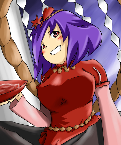 tetsuji, yasaka kanako, touhou, 1girl, alcohol, cup, female focus, hair ornament, leaf hair ornament, purple hair, red eyes, rope, sakazuki, sake, short hair, sketch, solo