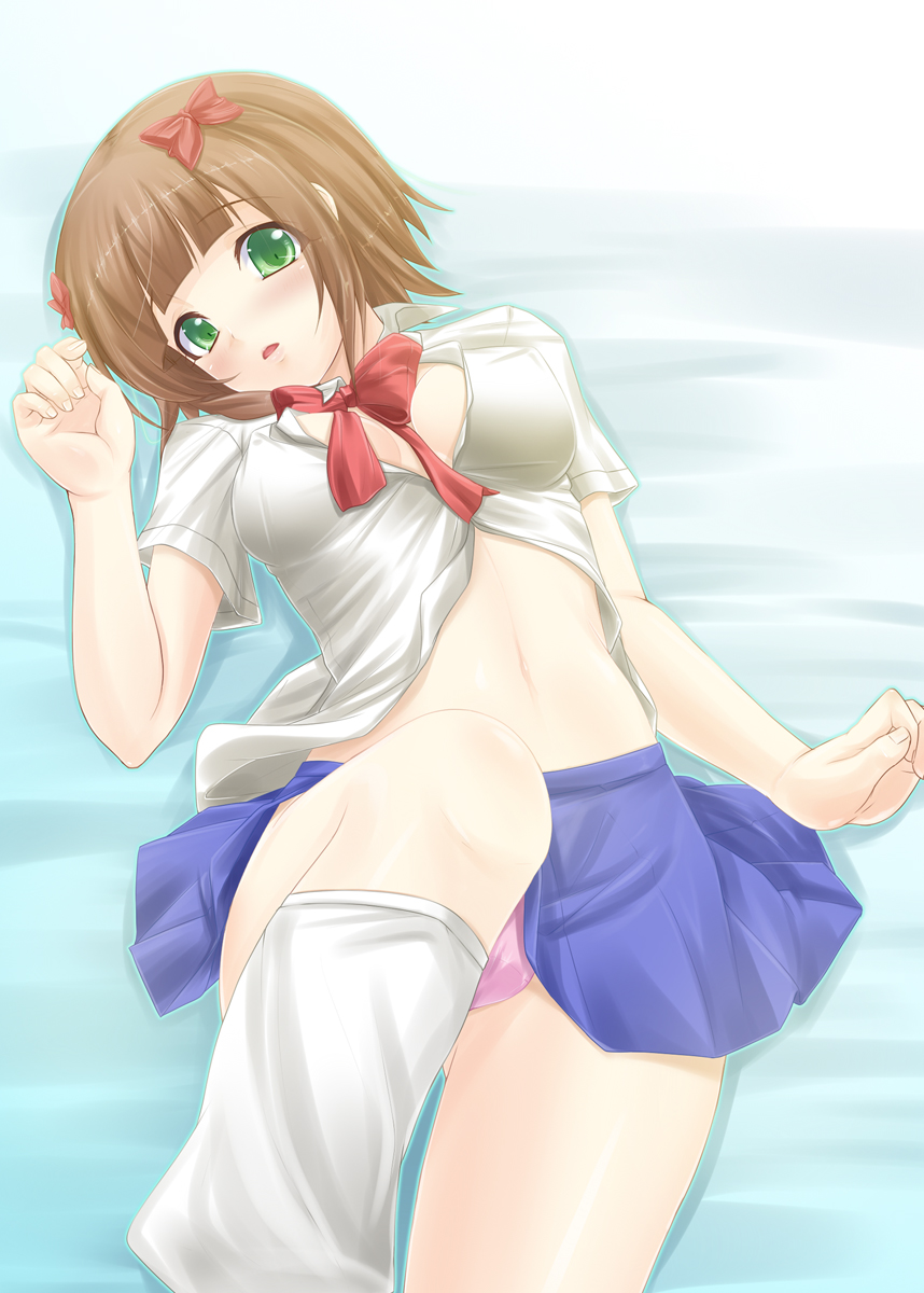 yukinon, yukinon (tsuki koubou), amami haruka, idolmaster, idolmaster (classic), idolmaster 1, highres, 00s, 1girl, breasts, brown hair, cleavage, female focus, green eyes, hair ribbon, kneehighs, loose socks, navel, open clothes, open shirt, panties, pantyshot, ribbon, shirt, socks, solo, underwear