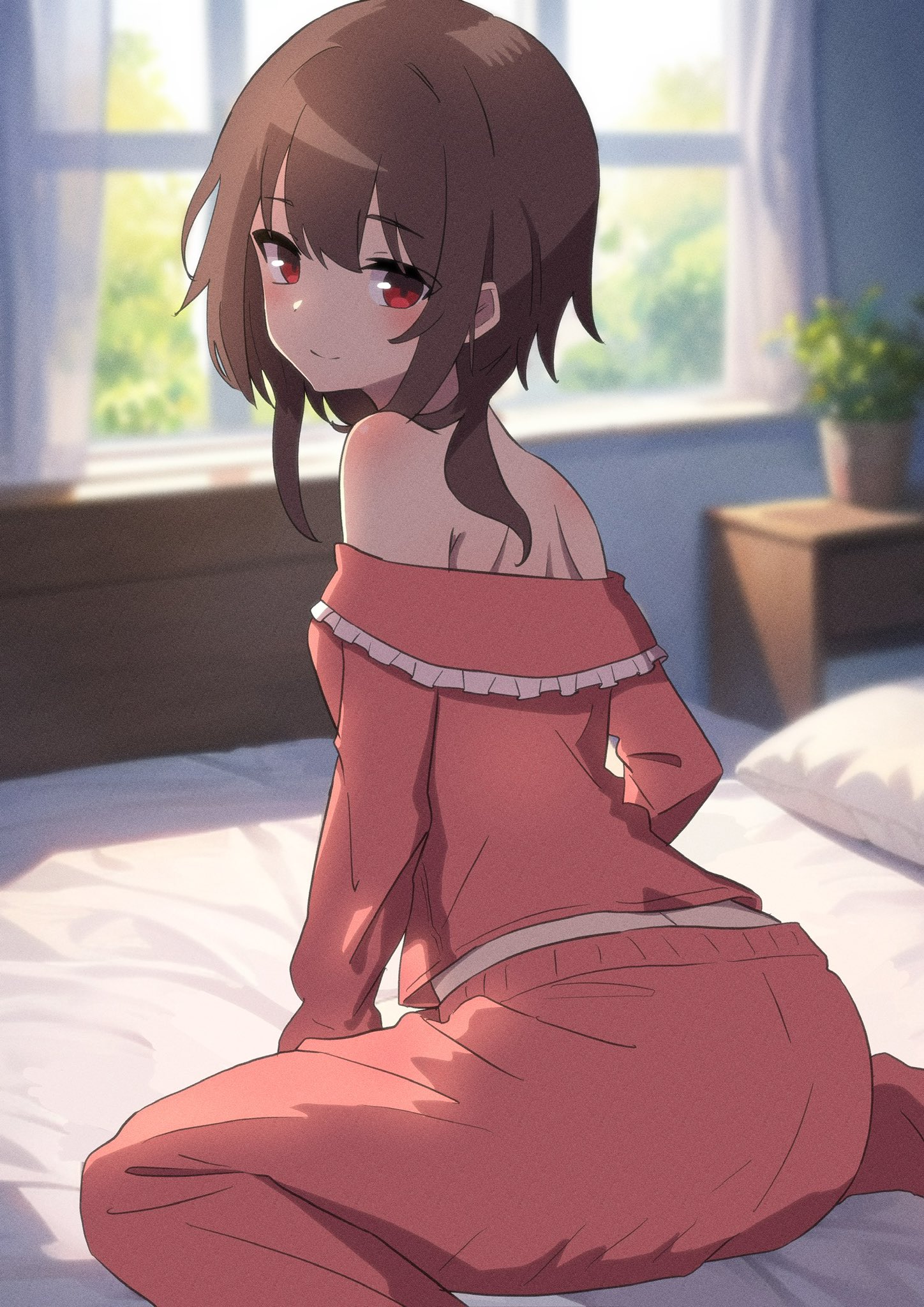 takabayashi4129, megumin, kono subarashii sekai ni shukufuku wo!, commentary, highres, 1girl, ass, bare shoulders, blunt bangs, blurry, blurry background, blush, breasts, brown hair, closed mouth, collar, day, eyes visible through hair, feet out of frame, film grain, frilled collar, frills, from behind, hair over shoulder, indoors, long sleeves, looking at viewer, looking back, midriff, official alternate costume, pajamas, pink pajamas, red eyes, short hair with long locks, sitting, small breasts, smile, solo, split mouth, wariza, window