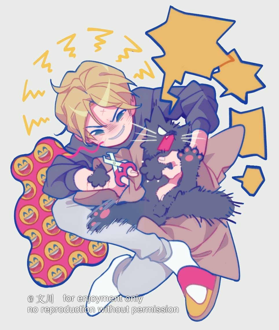 yoo joonghyuk, omniscient reader's viewpoint, >:), 1boy, 1other, animal, animalization, black cat, black eyes, black shirt, blonde hair, brown coat, cat, cheon inho, coat, emoji, evil grin, evil smile, full body, grin, holding, holding scissors, injury, nicayuko, sandals, scissors, shirt, short hair, sleeves rolled up, smile, socks, v-shaped eyebrows, white socks