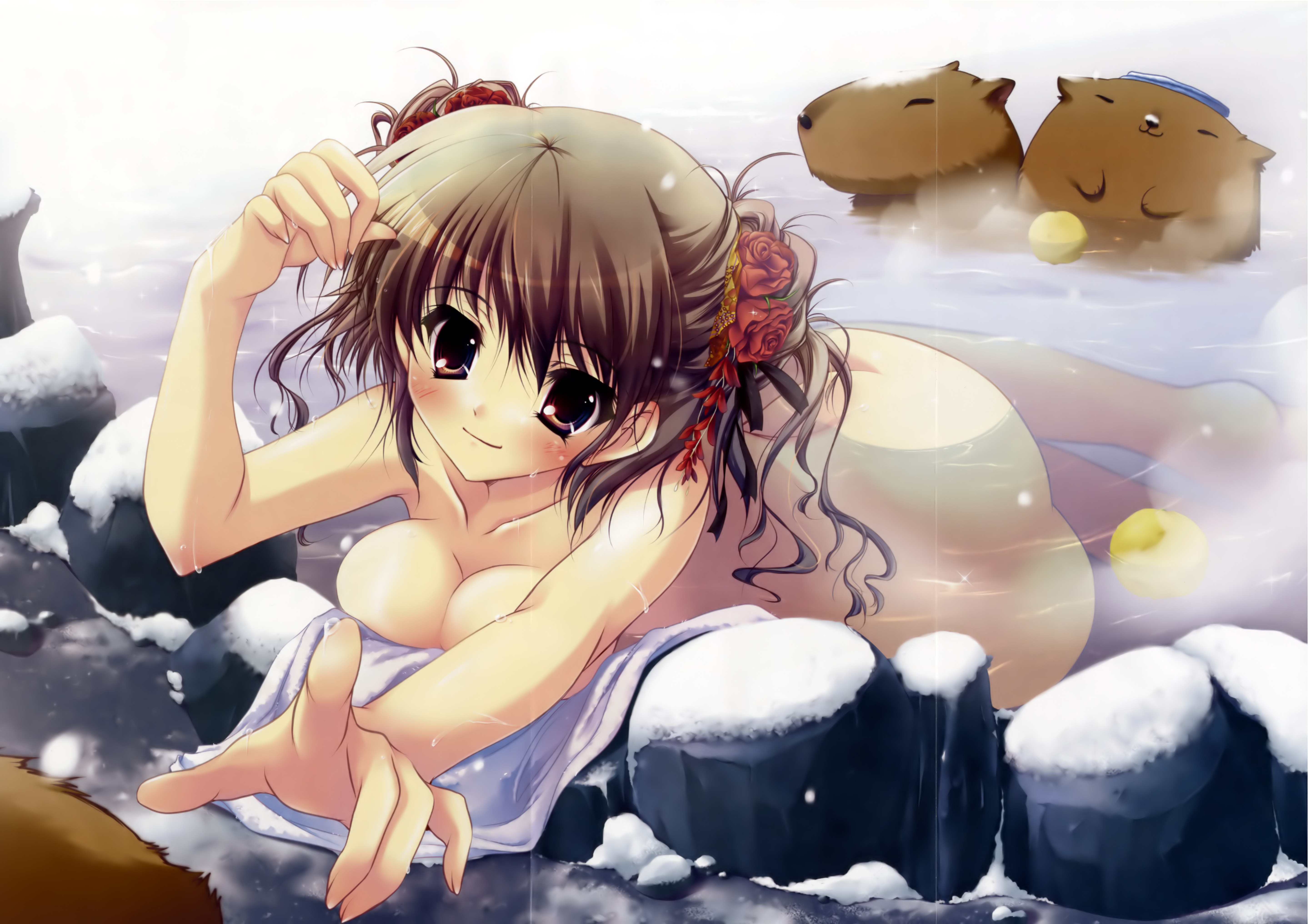 izumi tsubasu, absurdres, copyright request, highres, scan, 1girl, :3, = =, back, blush, breast press, breasts, brown eyes, brown hair, capybara, cleavage, crease, female focus, flower, hair flower, hair ornament, lying, nude, onsen, outdoors, pointing, rose, smile, snow, solo, submerged, towel, twintails, water, wavy hair, wet