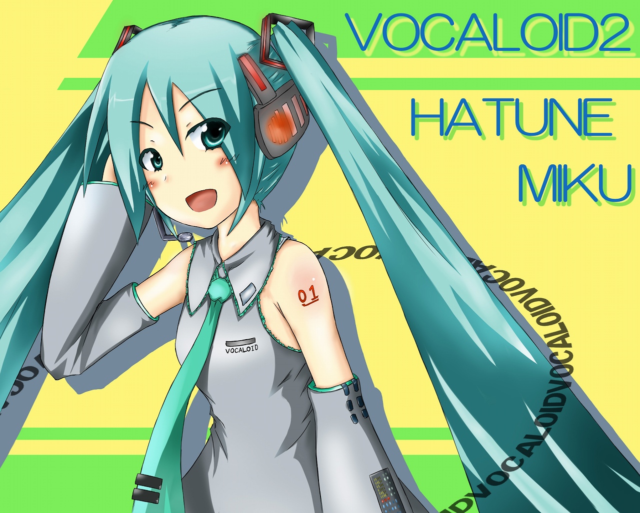 tetsuji, hatsune miku, vocaloid, aqua eyes, aqua hair, detached sleeves, headphones, necktie, twintails