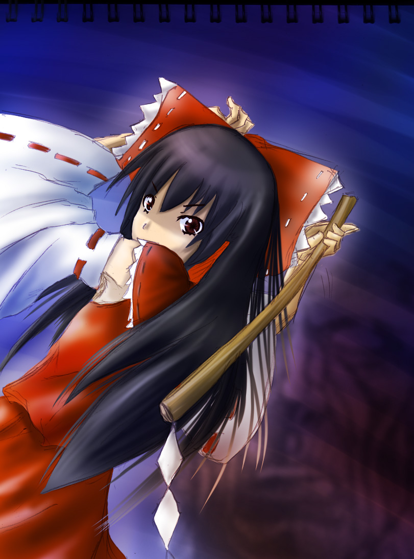tetsuji, hakurei reimu, touhou, 1girl, black hair, bow, detached sleeves, female focus, gohei, gradient background, hair bow, japanese clothes, long hair, miko, red eyes, sketch, skirt, solo