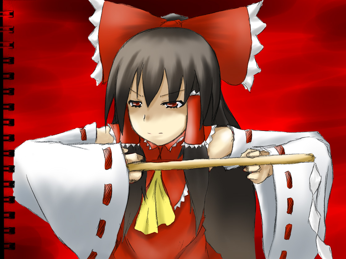 tetsuji, hakurei reimu, touhou, 1girl, bow, brown hair, detached sleeves, female focus, gohei, gradient background, hair bow, japanese clothes, long hair, miko, red eyes, sketch, solo, upper body