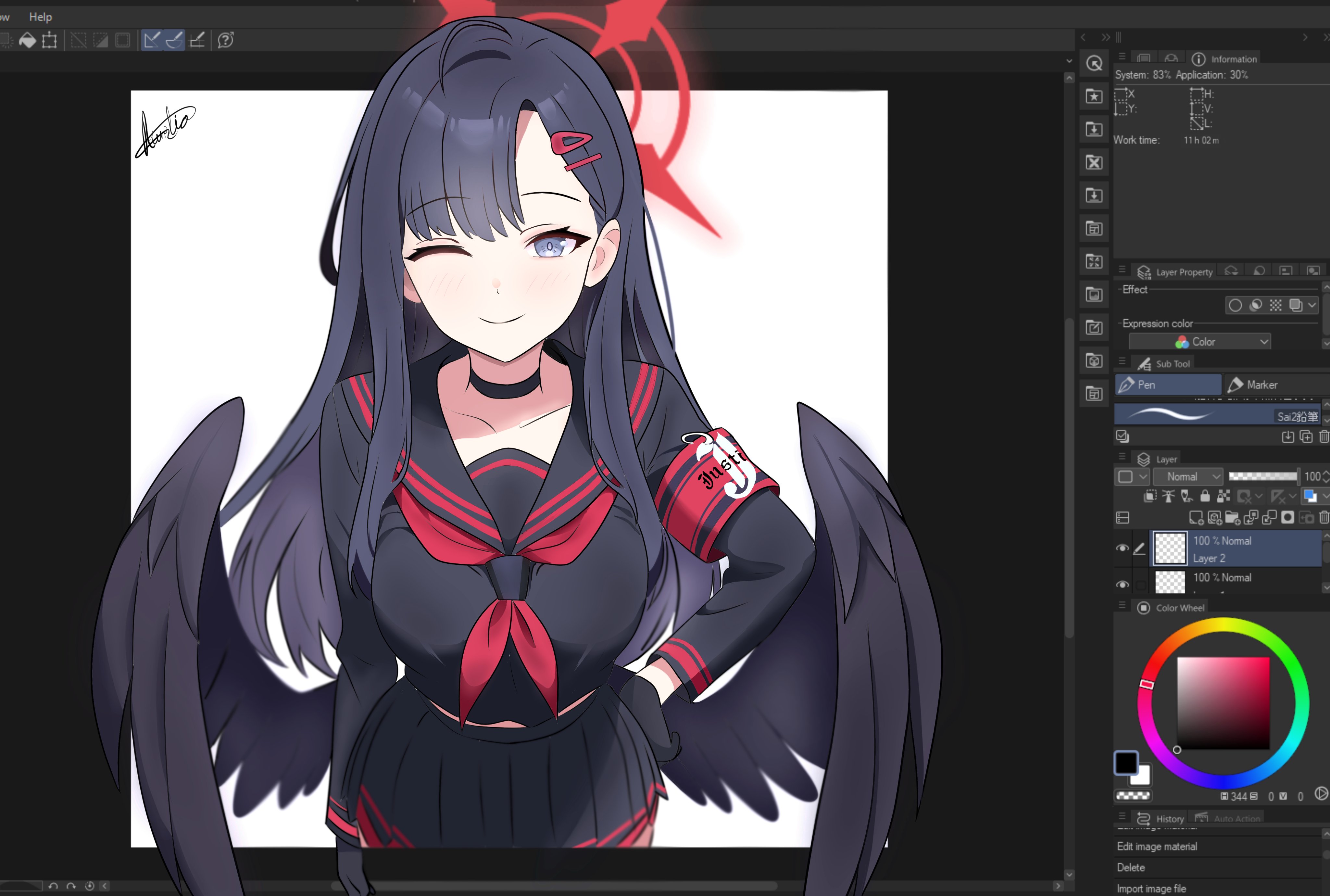 aurelia88, ichika (blue archive), adobe photoshop, blue archive, absurdres, commentary, english commentary, highres, photoshop (medium), 1girl, ;), ahoge, armband, art program in frame, black choker, black gloves, black sailor collar, black serafuku, black shirt, black skirt, black wings, blunt bangs, blush, brown hair, choker, closed mouth, cowboy shot, fourth wall, gloves, grey eyes, hair ornament, hairclip, halo, hand on own hip, long hair, long sleeves, looking at viewer, low wings, miniskirt, neckerchief, one eye closed, outside border, parallel hairclips, pleated skirt, red armband, red halo, red neckerchief, sailor collar, school uniform, serafuku, shirt, signature, simple background, skirt, smile, solo, straight hair, unusually open eyes, very long hair, white background, white wings, wings