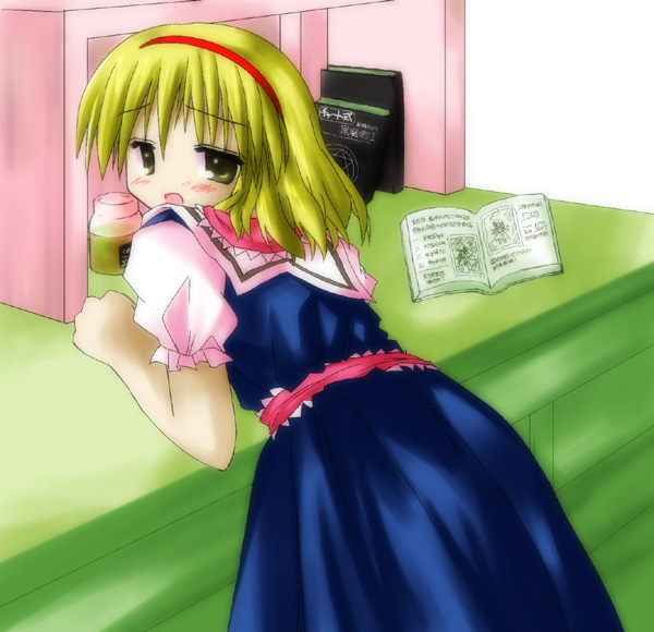 murabito, alice margatroid, touhou, 1girl, blonde hair, blush, female focus, from behind, hairband, looking back, solo