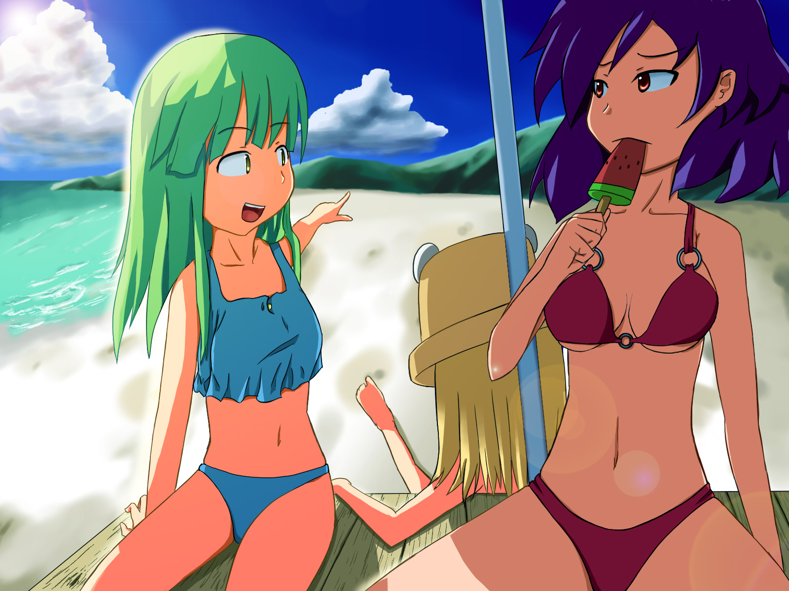 tetsuji, kochiya sanae, moriya suwako, yasaka kanako, touhou, highres, 3girls, barefoot, beach, bikini, blonde hair, breasts, cleavage, cloud, day, female focus, food, fruit, green hair, hat, long hair, medium breasts, multiple girls, ocean, outdoors, popsicle, purple hair, red eyes, short hair, sky, small breasts, swimsuit, watermelon, watermelon bar, yellow eyes