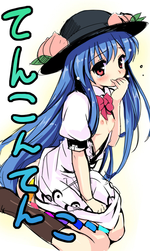 r-type nirvana, hinanawi tenshi, touhou, 1girl, blush, breasts, covering own mouth, dress, female focus, flat chest, food, fruit, hat, kneeling, long hair, nipples, open clothes, open shirt, peach, shirt, short sleeves, shy, sketch, small breasts, solo, tears, thighhighs, very long hair