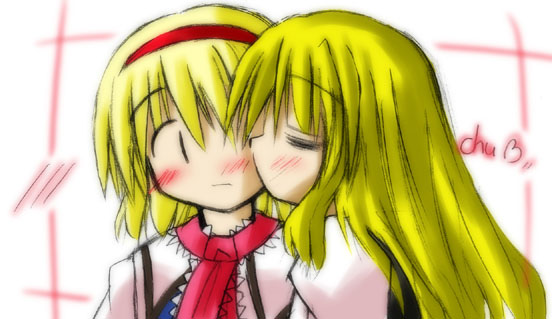 murabito, alice margatroid, kirisame marisa, touhou, 2girls, blush, female focus, kiss, multiple girls, portrait, upper body, white background, yuri