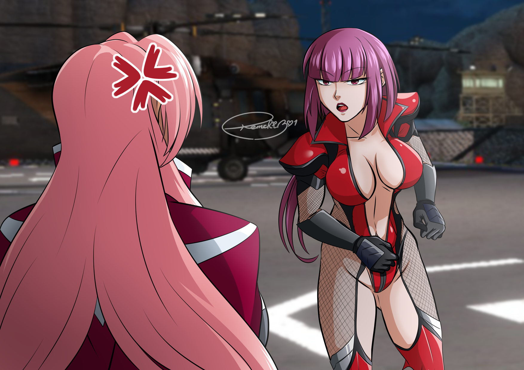 remchi301, ingrid (taimanin asagi), oboro (taimanin asagi), grand theft auto, grand theft auto v, taimanin (series), taimanin asagi, highres, redrawn, artist name, bodysuit, meme, parody, pink hair, red eyes, red hair, signature