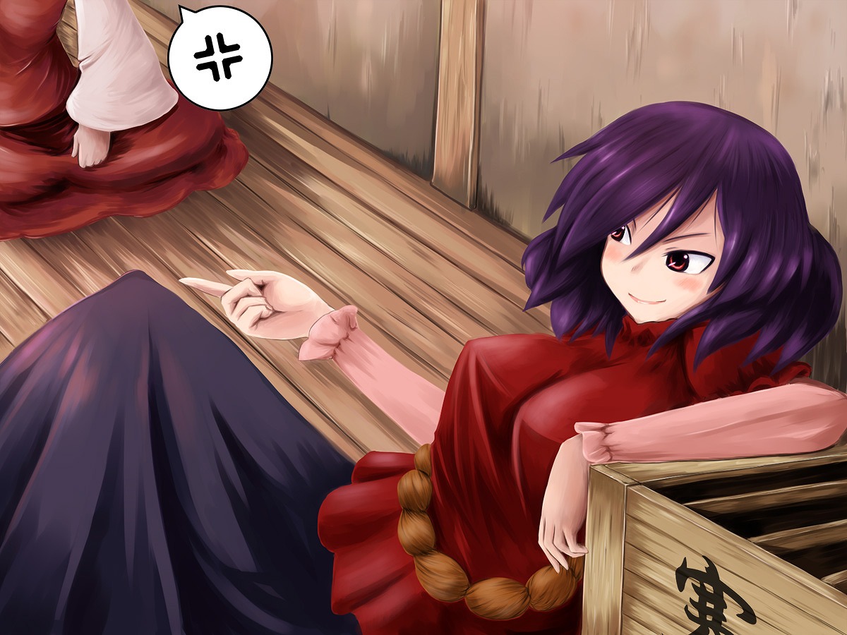 tetsuji, hakurei reimu, yasaka kanako, touhou, 2girls, angry, breasts, female focus, multiple girls, purple hair, red eyes, short hair, skirt