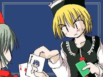 murabito, lunasa prismriver, lyrica prismriver, touhou, lowres, 2girls, blue background, card, female focus, joker (playing card), multiple girls, playing card, sitting