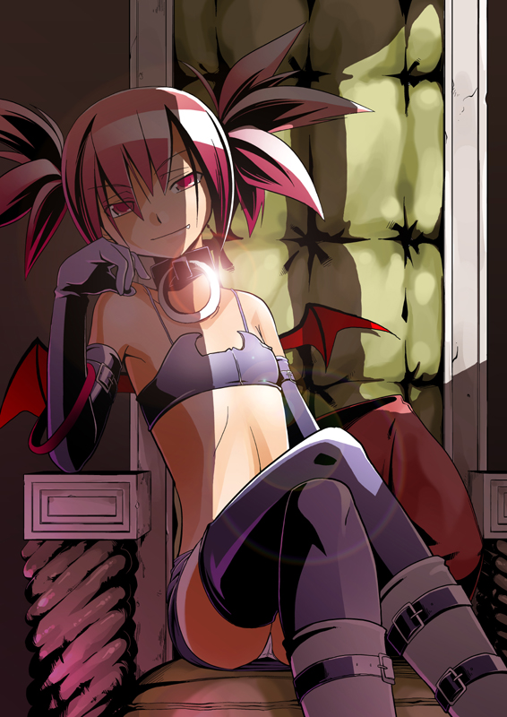 kaeru kenshi, etna (disgaea), disgaea, 1girl, bat wings, black thighhighs, bracelet, chair, choker, collar, crossed legs, demon girl, elbow gloves, fang, female focus, flat chest, gloves, jewelry, lens flare, miniskirt, panties, pantyshot, pillow, red eyes, red hair, shade, sitting, skirt, solo, thighhighs, throne, twintails, underwear, white panties, wings