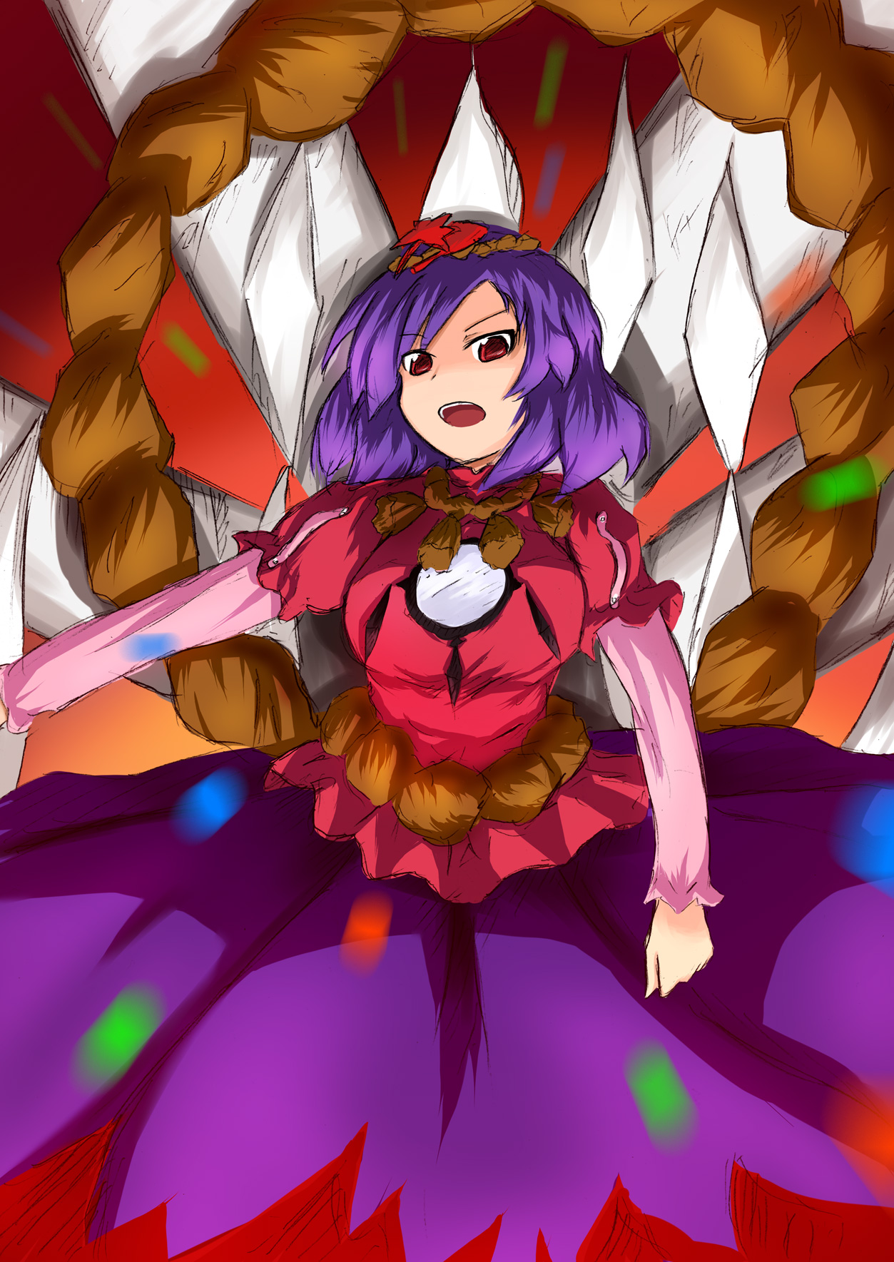 tetsuji, yasaka kanako, touhou, highres, 1girl, danmaku, female focus, hair ornament, leaf hair ornament, purple hair, red eyes, rope, shide, shimenawa, short hair, sketch, solo