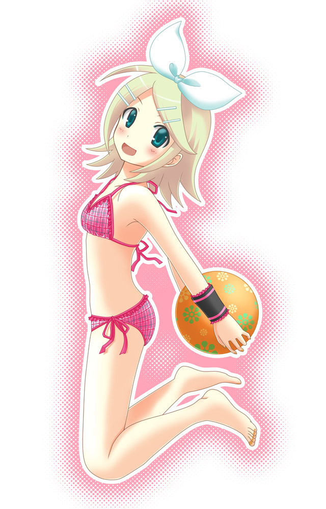 kaiware, kaiware-san, kagamine rin, vocaloid, ball, barefoot, bikini, blush, flat chest, hair ornament, hair ribbon, hairclip, open mouth, pink bikini, ribbon, side-tie bikini bottom, solo, swimsuit