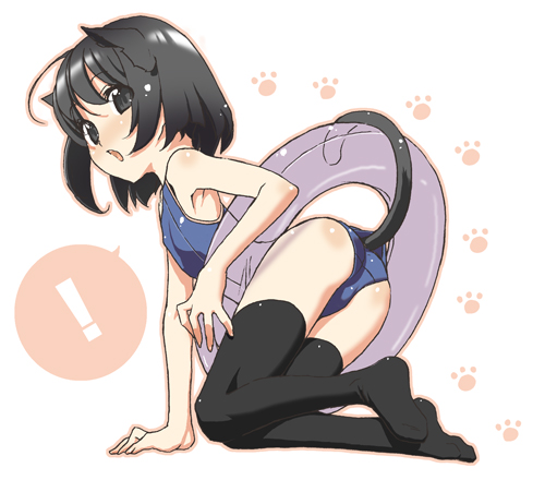 takei ooki, original, lowres, !, 1girl, all fours, animal ears, armpits, ass, black eyes, black hair, black thighhighs, bob cut, cat ears, cat tail, feet, female focus, flat chest, innertube, one-piece swimsuit, paw print, prehensile tail, school swimsuit, short hair, solo, swim ring, swimsuit, tail, thighhighs