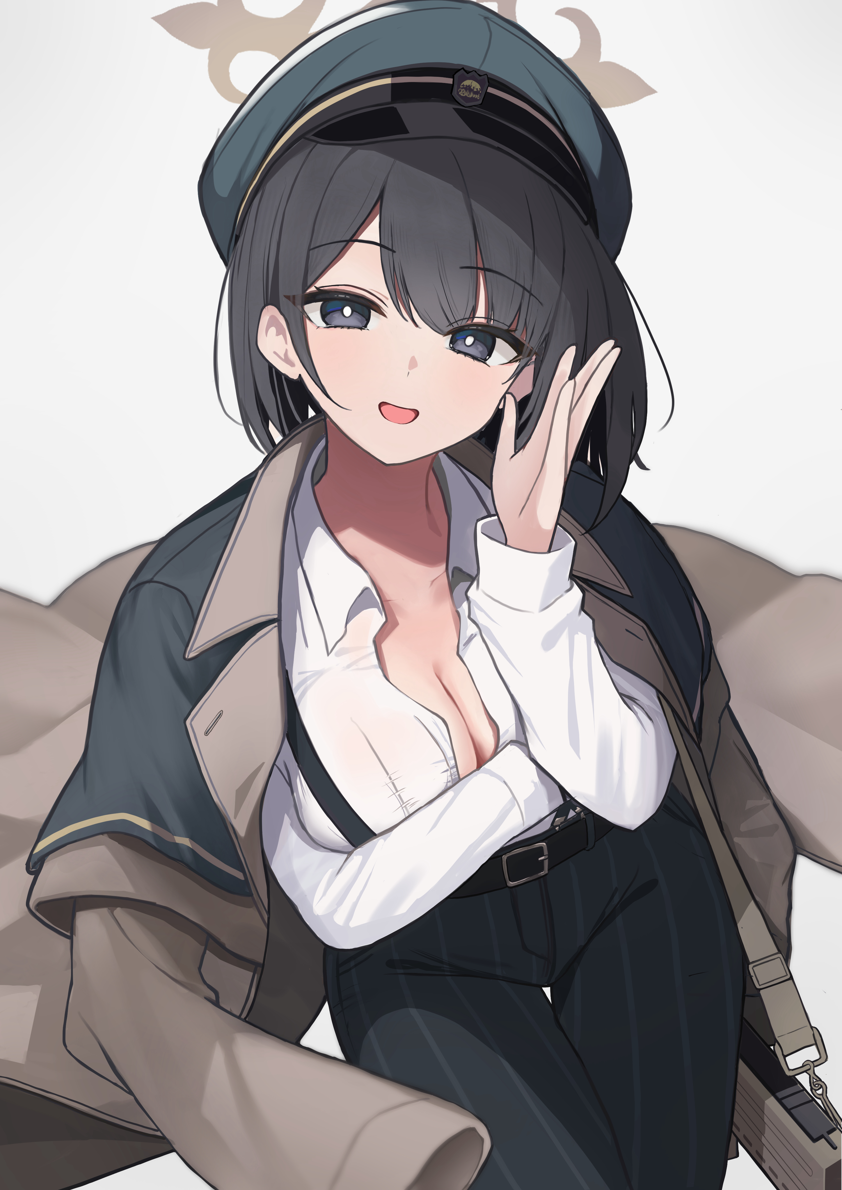 nano (nandemo note31), hiromi (blue archive), blue archive, absurdres, commentary request, highres, 1girl, arm under breasts, artistic error, bad anatomy, bad hands, belt, black belt, black eyes, black hair, breasts, brown coat, cleavage, coat, coat on shoulders, collarbone, green hat, green pants, halo, hat, medium breasts, open mouth, pants, partially unbuttoned, shirt, short hair, simple background, solo, suspenders, white background, white shirt