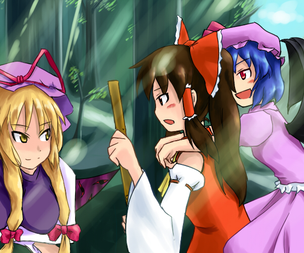 tetsuji, hakurei reimu, remilia scarlet, yakumo yukari, touhou, 3girls, bat wings, blonde hair, blue hair, bow, breasts, brown hair, dress, female focus, forest, gap (touhou), hair bow, hat, japanese clothes, long hair, miko, multiple girls, nature, outdoors, plant, red eyes, short hair, sky, wings, yellow eyes