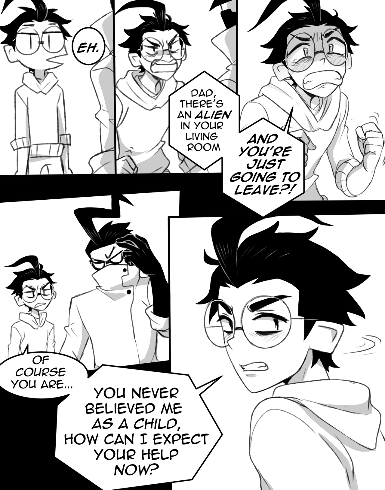 inimoose, dib (invader zim), invader zim, commentary, english commentary, highres, 2boys, aged up, ahoge, angry, blush, english text, father and son, frown, gloves, greyscale, hood, hoodie, lab coat, looking back, male focus, monochrome, multiple boys, open mouth, professor membrane, round eyewear, short hair, simple background, tears, teeth
