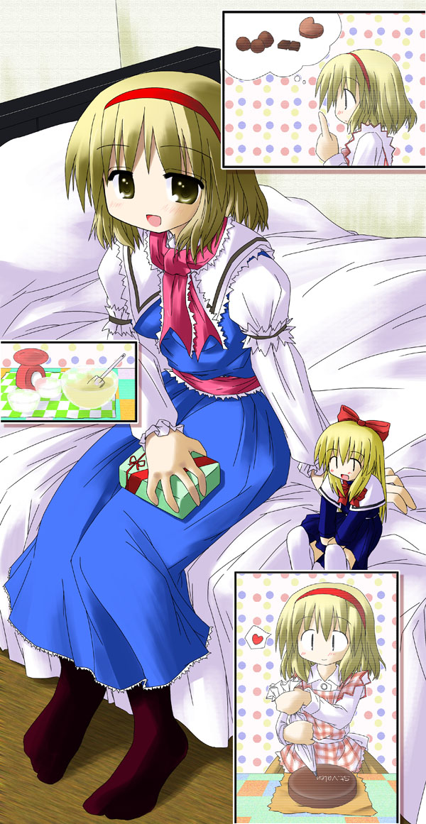 murabito, alice margatroid, shanghai doll, touhou, 2girls, blonde hair, doll, female focus, indoors, multiple girls, multiple views, sitting, standing