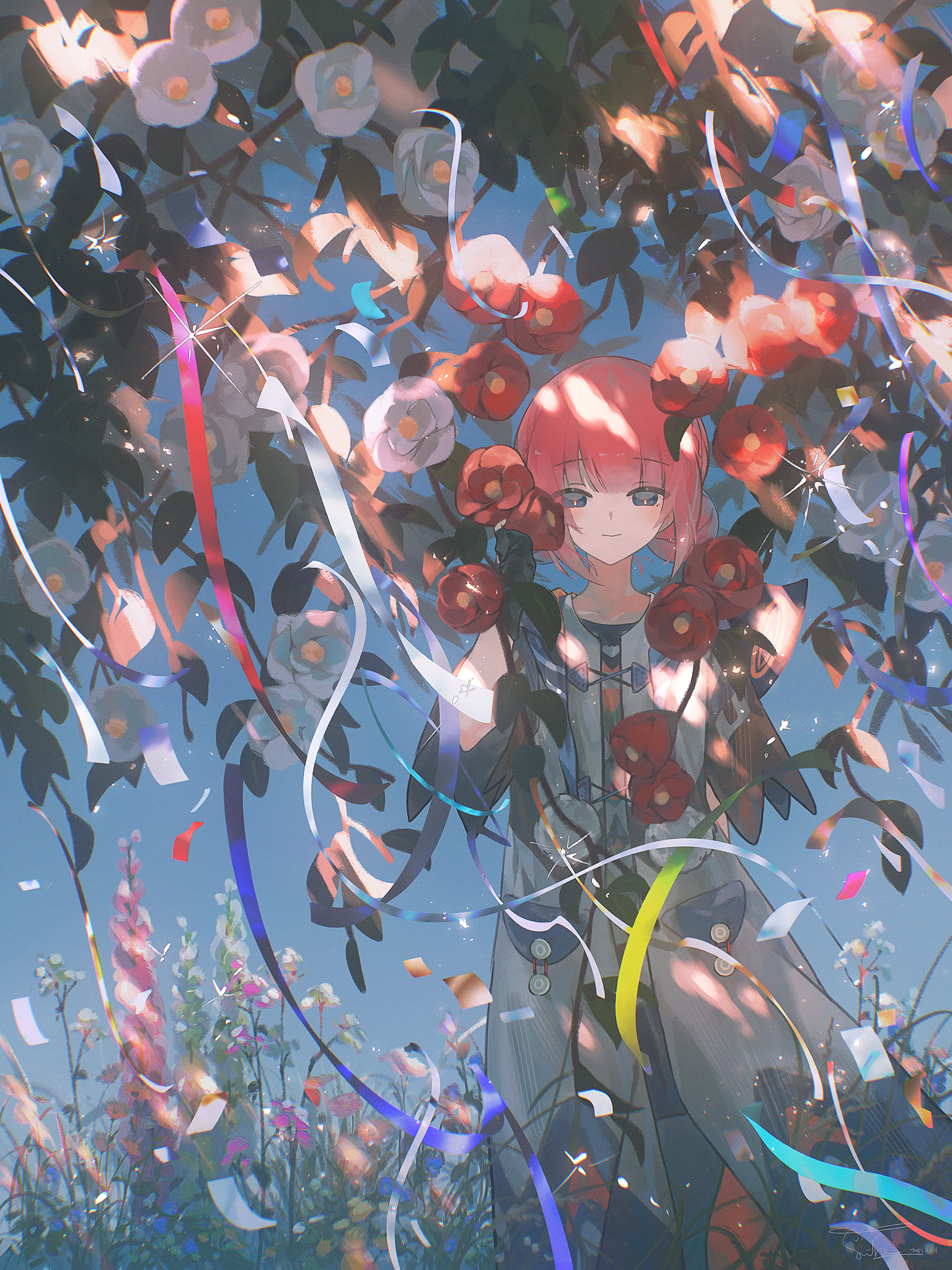 ghostlibe, kaf (kamitsubaki studio), kamitsubaki studio, commentary, highres, 1girl, blush, closed mouth, day, double bun, flower, hair bun, hood, hoodie, leaf, looking at viewer, medium hair, outdoors, pink flower, pink hair, purple eyes, red flower, signature, smile, solo, virtual youtuber, white flower, white hoodie