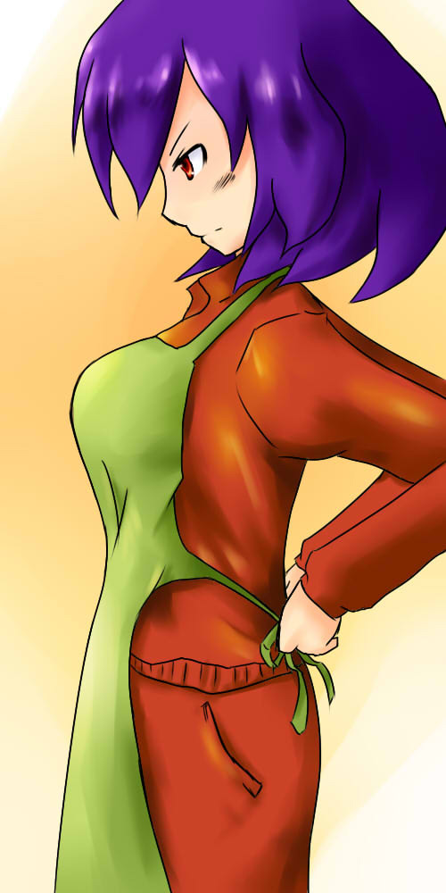tetsuji, yasaka kanako, touhou, 1girl, apron, female focus, gradient background, purple hair, red eyes, short hair, solo, standing