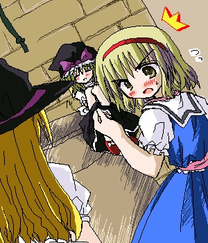 murabito, alice margatroid, kirisame marisa, touhou, lowres, 3girls, blonde hair, blush, doll, dress, female focus, hat, multiple girls, oekaki