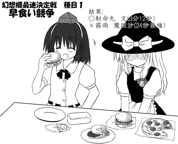 murabito, kirisame marisa, shameimaru aya, touhou, 2girls, burger, donut, female focus, food, greyscale, monochrome, multiple girls, pizza