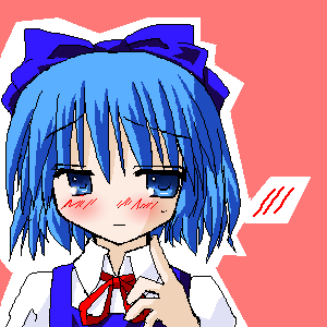 murabito, cirno, embodiment of scarlet devil, touhou, lowres, 1girl, blue eyes, blue hair, blush, dress, embarrassed, female focus, matching hair/eyes, pinafore dress, pink background, ribbon, simple background, sleeveless, sleeveless dress, solo, upper body